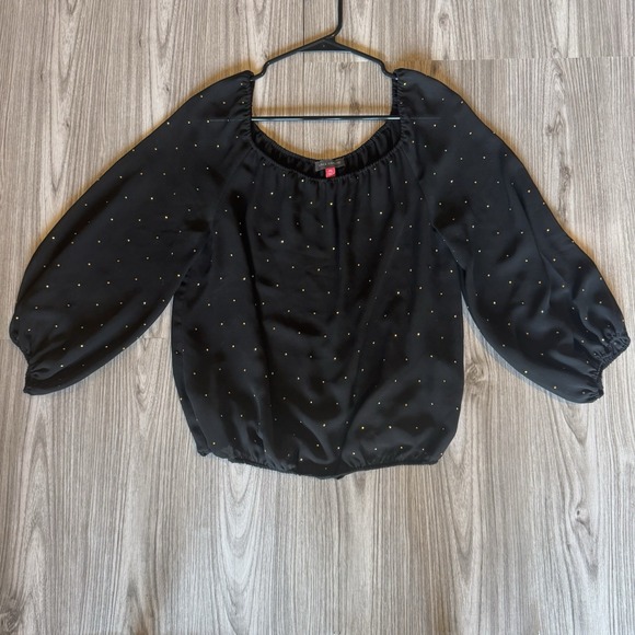Black and Gold Rhinestone Blouse with Elastic Sleeves & Bottom Lining Size PS! - Picture 1 of 3